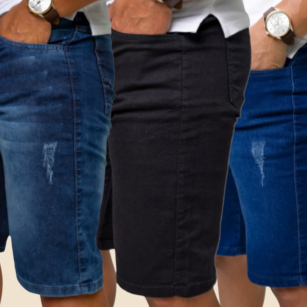 Kit 3 Bermudas Masculinas Jeans Com Lycra Elastano Premium - Conforto Absoluto | Lançamento