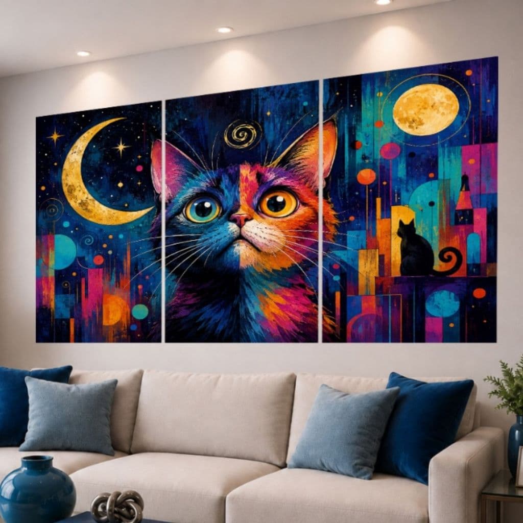 Kit 3 Quadros Decorativo Gato Lunático Lua Abstrato Neon Colorido Moderno Arte Contemporânea Luxo Premium Alta Resolução