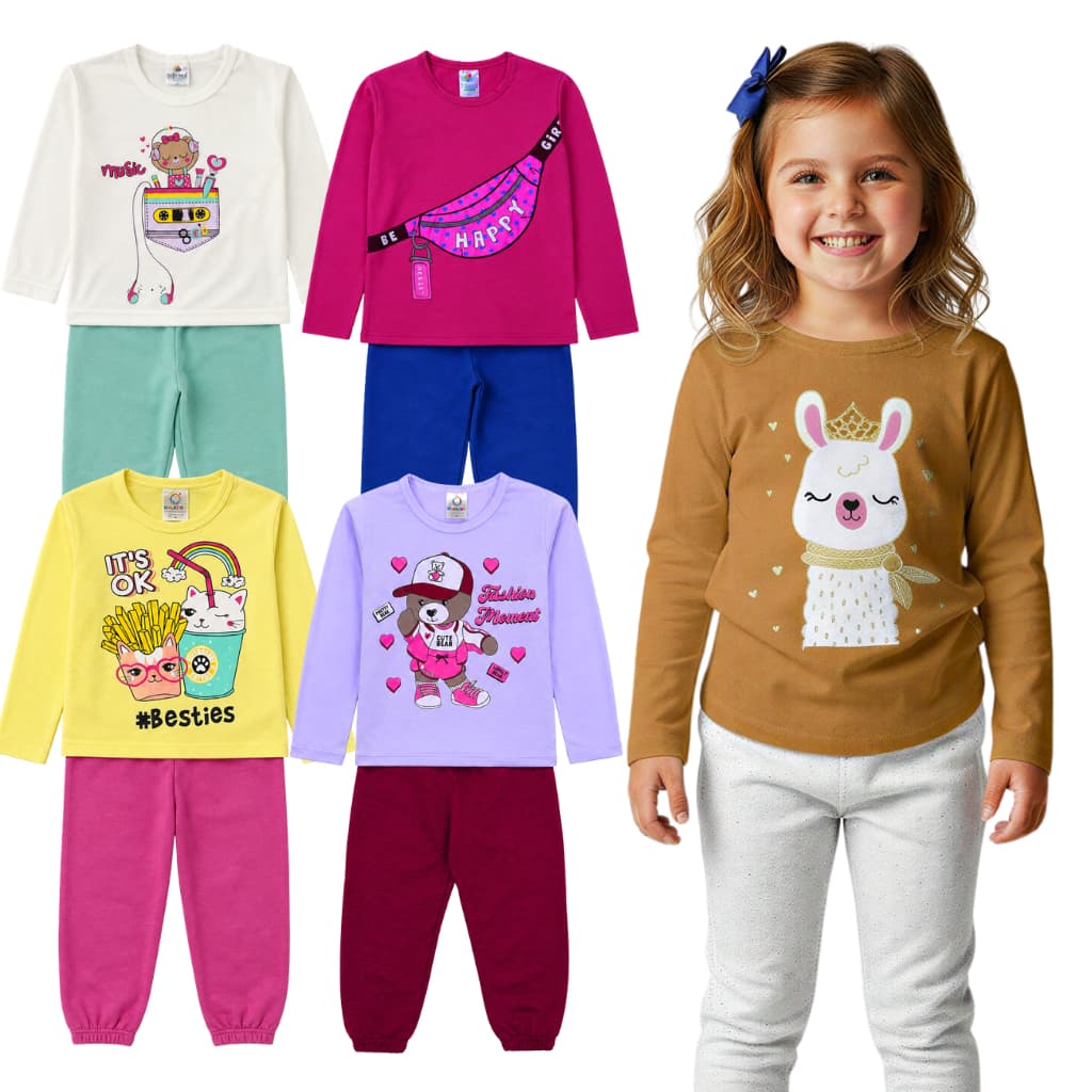 Kit 4 ou 6 Peças 2 ou 3 Conjunto Infantil Manga Longa Menina Calça e Blusa Meia Estação Inverno