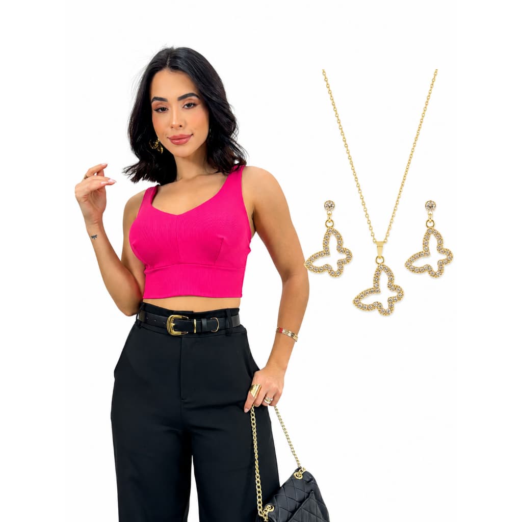 Conjunto Feminino Cropped Canelado tam unico  + Kit Colar e Brincos Borboleta com Strass | Look Completo Moda Feminina