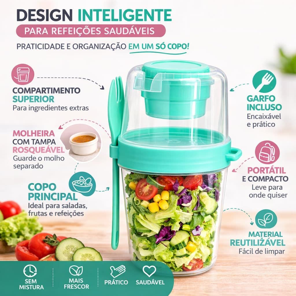 Kit Copo Para Salada De Dupla Camada Caixa Plástica Portátil Multiuso Selada Frutas
