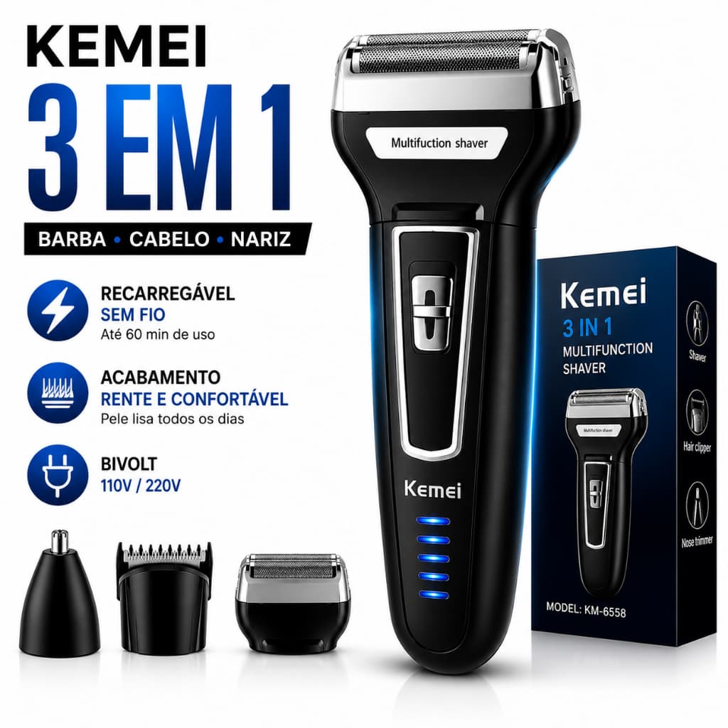 Máquina de Barbear Barbeador Elétrico Profissional Cabelo Barba Sem Fio Recarregável