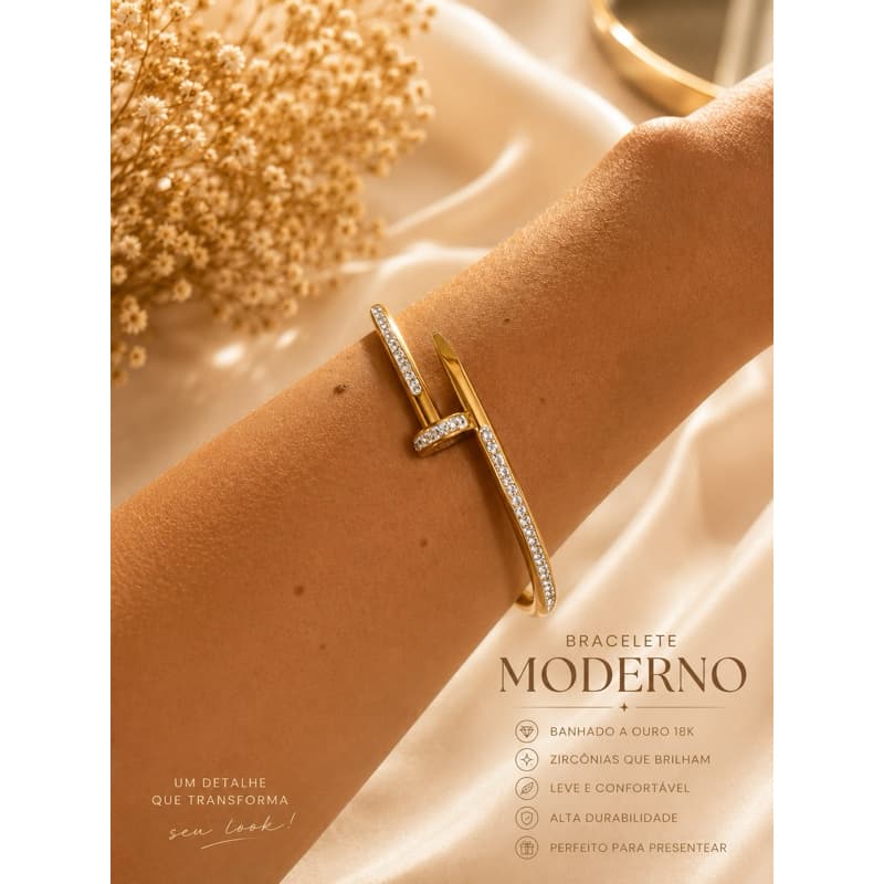 Bracelete Feminino Dourado com Zircônias Estilo Prego | Elegante e Moderno