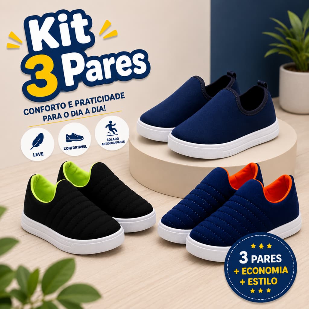 Kit Com 3 Pares De Tênis Infantil Menino Calce Fácil Confortável
