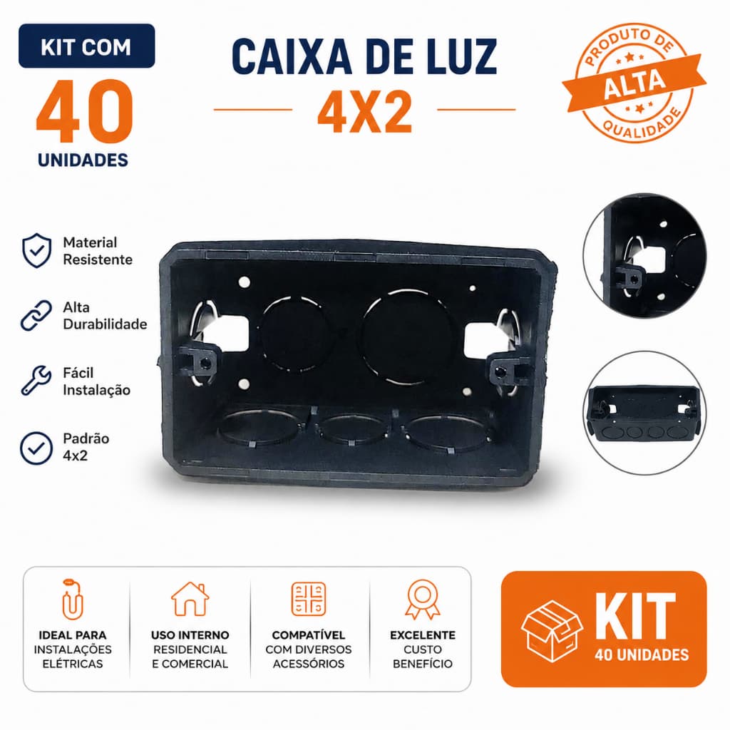 40 Caixa de Luz 4x2 Reforçada P/ Tomada Interruptor Embutir Caixa ELétrica Cor  Preto Energia ......