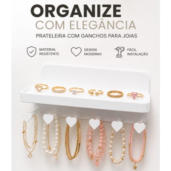 Prateleira Organizadora de Joias 27/15cm com 10/6 Ganchos Coração Porta Colar Pulseira Anel Brinco Parede Closet