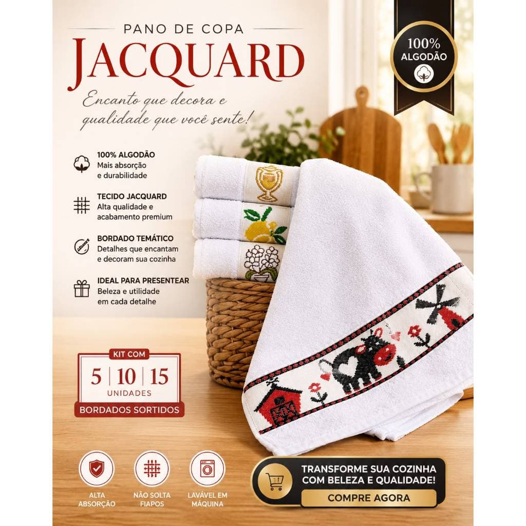 Kit 10 Pano de Copa Jacquard Premium 100% Algodão Alta Absorção Cozinha