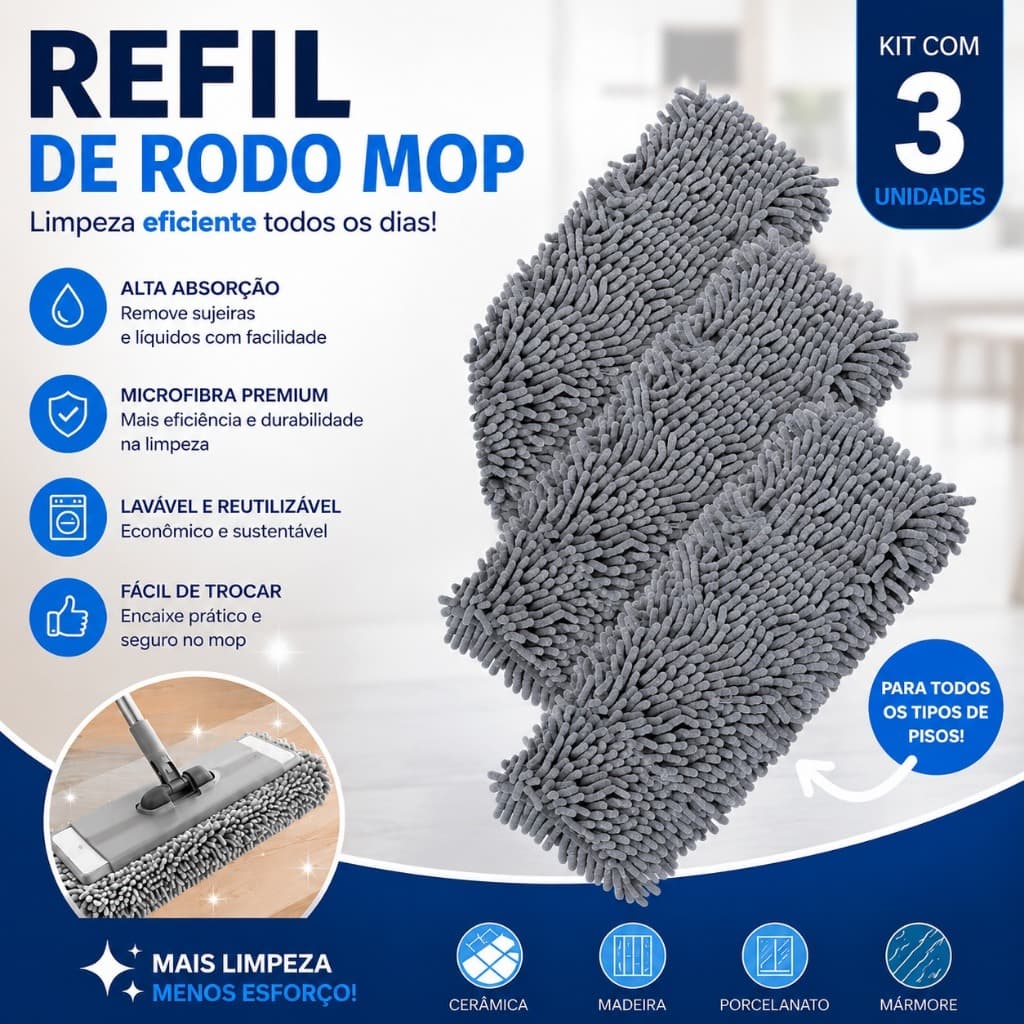 Kit 3/4/5 Refil Mop Spray Premium Esfregão Rodo Limpa Fácil Borrifador | Refil de Microfibra