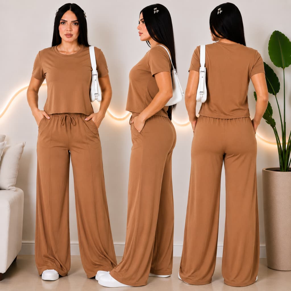 Conjunto Feminino Calça Pantalona Larga com Blusa Manga Curta Casual pronta entrega