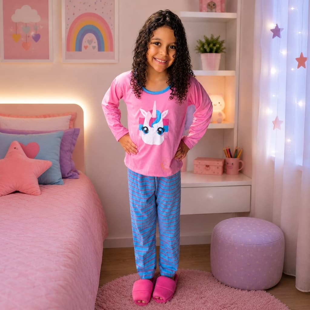 Pijama Infantil Menina Inverno de Frio Manga longa Estampado Calça e Blusa de Frio Stitch unicornio