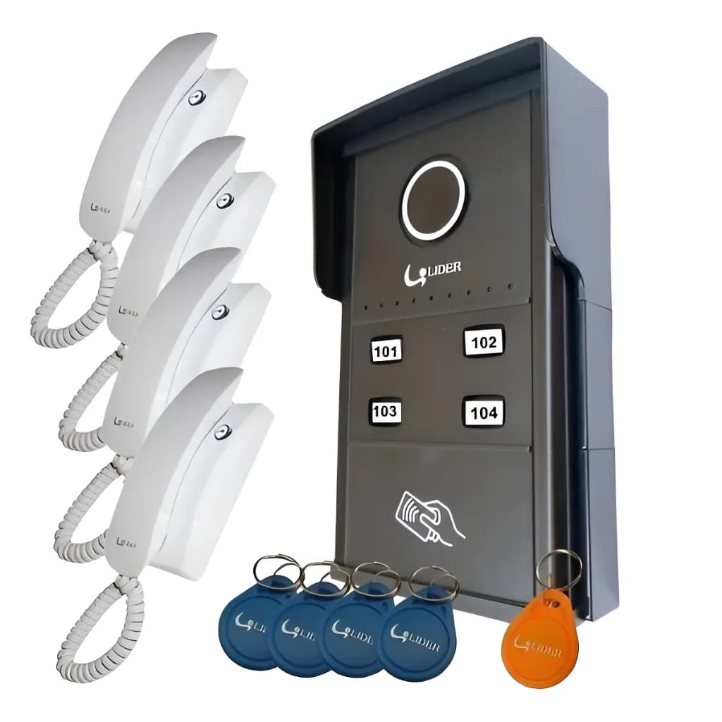 Kit Porteiro Eletrônico Interfone Coletivo 4 Pontos Apartamentos Casas RFID Tag + 4 Fones + 20 Tags + Fechadura Elétrica
