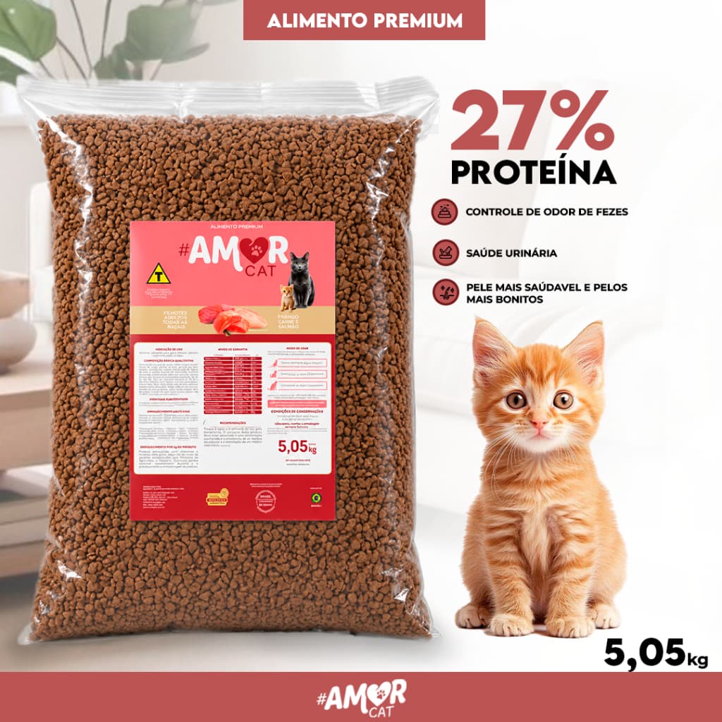 Ração Amor Cat 5kg Filhote e Adulto Premium Sabor Carne Frango Salmão 27% Proteína