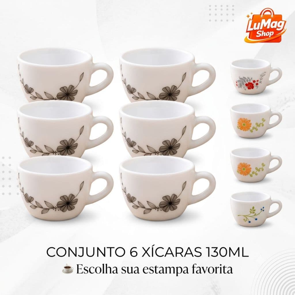 Conjunto 6 Xícaras de Vidro Opalino 130ml Estampa Floral para Café Chá Cappuccino Diversas Estampas