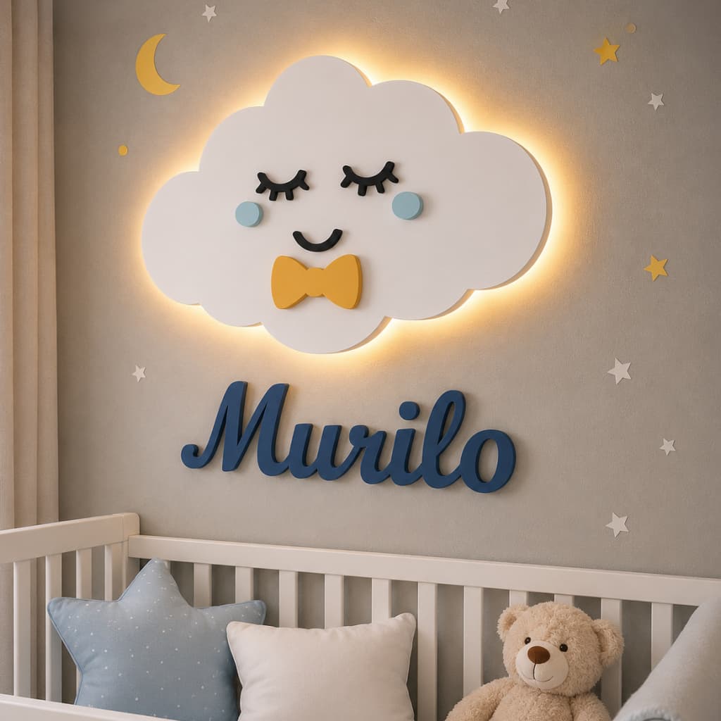 Nuvem LED com Nome Personalizado do Bebê 30cm | Luminária Infantil MDF Decoração Quarto Bebê