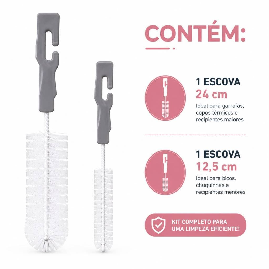 Kit 2 Escovas para Limpeza de Mamadeiras, Copos infantil, Copos Termicos, Garrafas e Bicos
