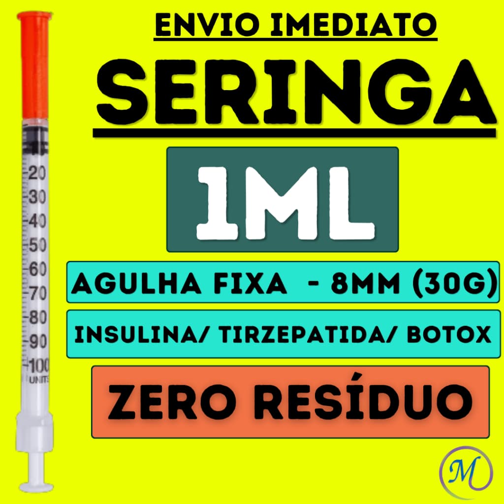 10 Seringas insulina 1ml com Agulha Fixa ULTRA FINA 8mmx0,30 (30G) - VP