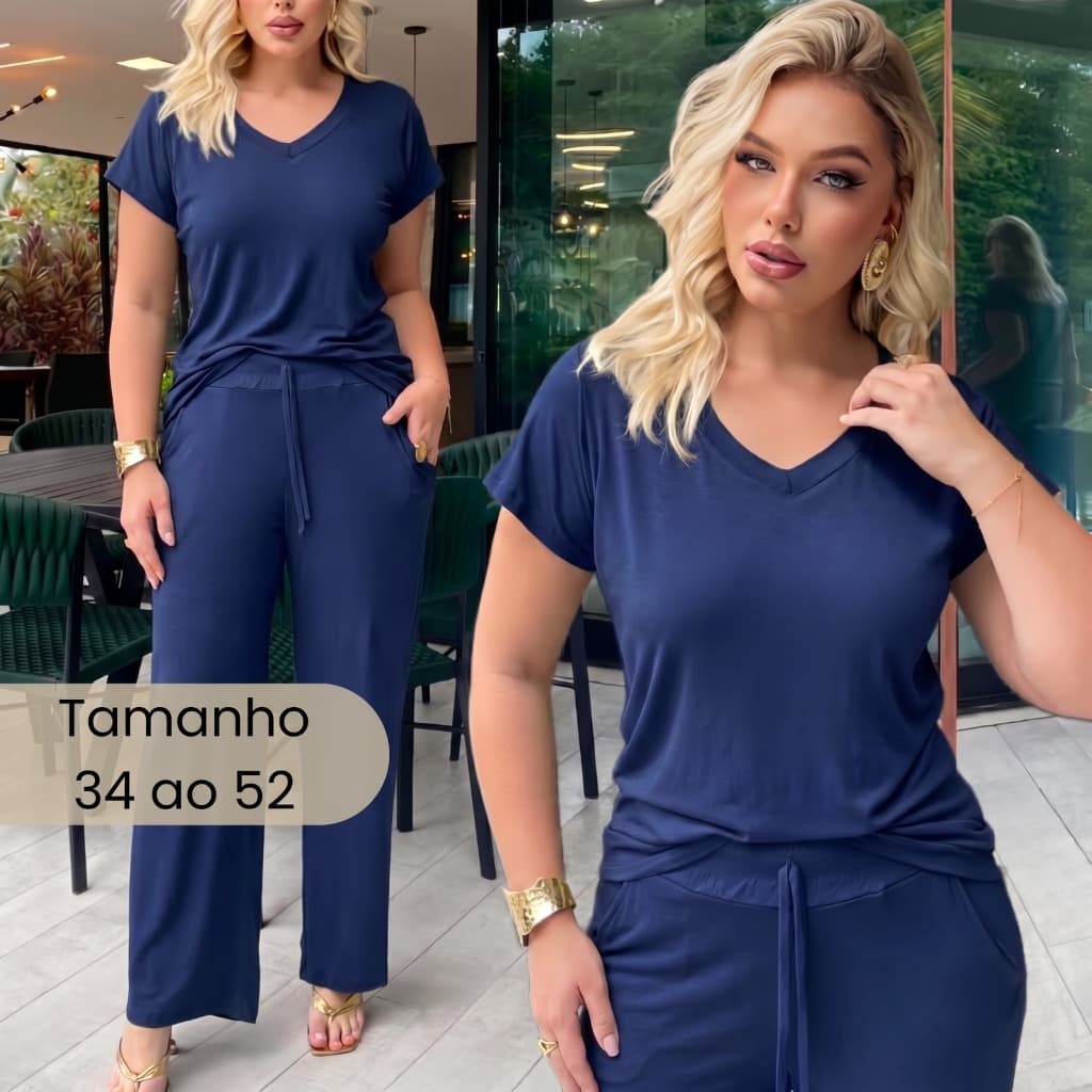 Conjunto Feminino Calça Pantalona Blusa Gola V Viscolycra Premium