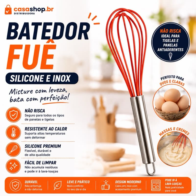 Batedor Fuê De Silicone com Cabo Inox para Cozinha e Confeitaria – Resistente