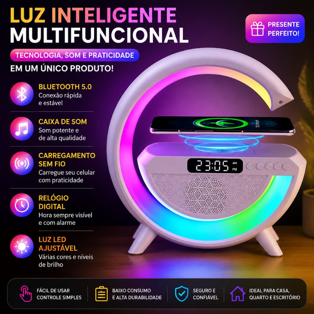 Luminária Rgb Caixa Som G Speaker Carregador Indução Relógio Rbgdpwunta