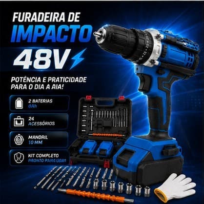 Parafusadeira Furadeira de Impacto a Bateria Recarregável Sem Fio furadeira de impacto 18v/48v 2 Baterias Com Caixa colo