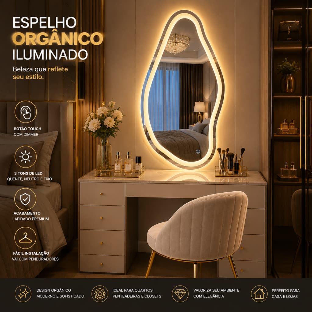 Espelho LED Orgânico 05 Jateado com 3 Cores Touch Banheiro Quarto Closet Penteadeira Sala Moderna