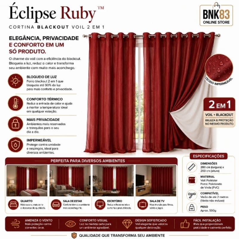 Éclipse Ruby™ Cortina Blackout Voil Vermelha Impermeável com Forro 2 em 1 Ilhós Bloqueio de Luz para Sala e Quarto
