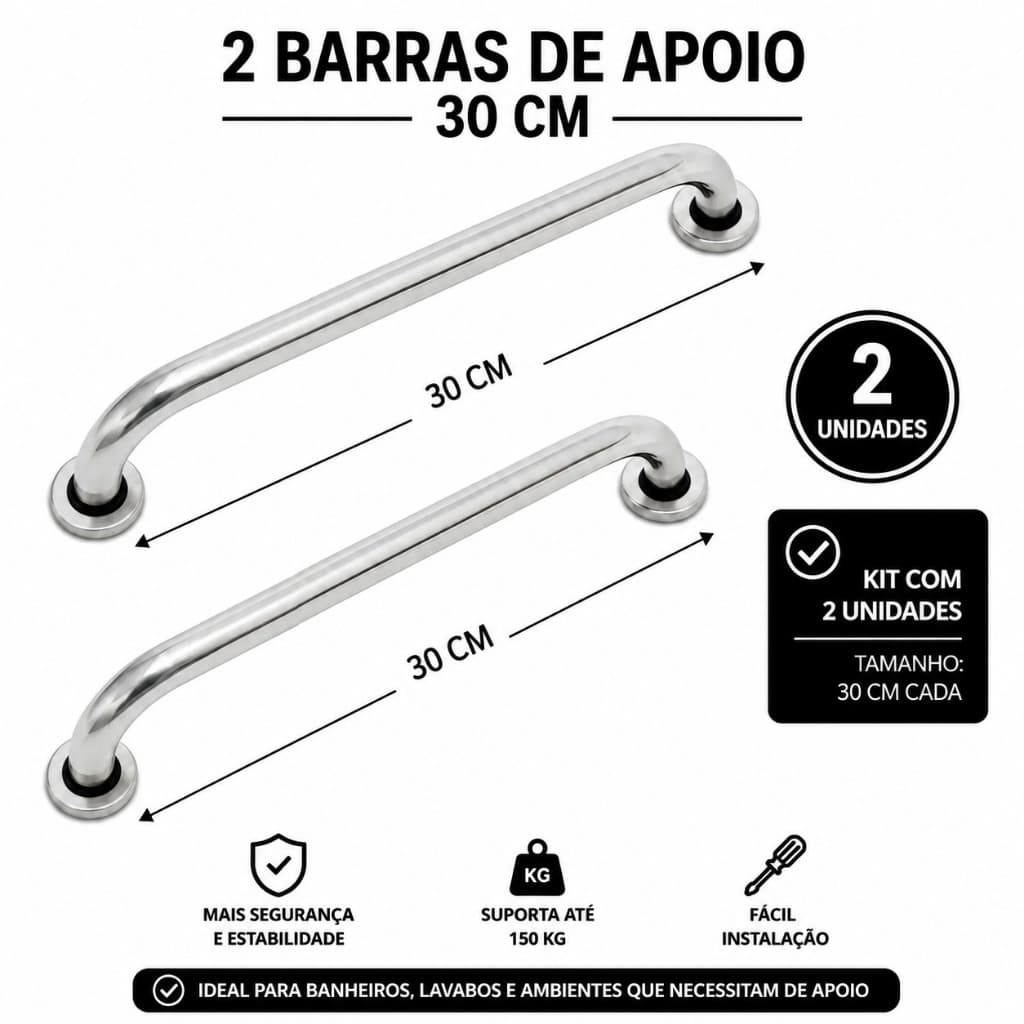 Kit 2 Barras de Apoio 30cm Acessibilidade Inox Resistente