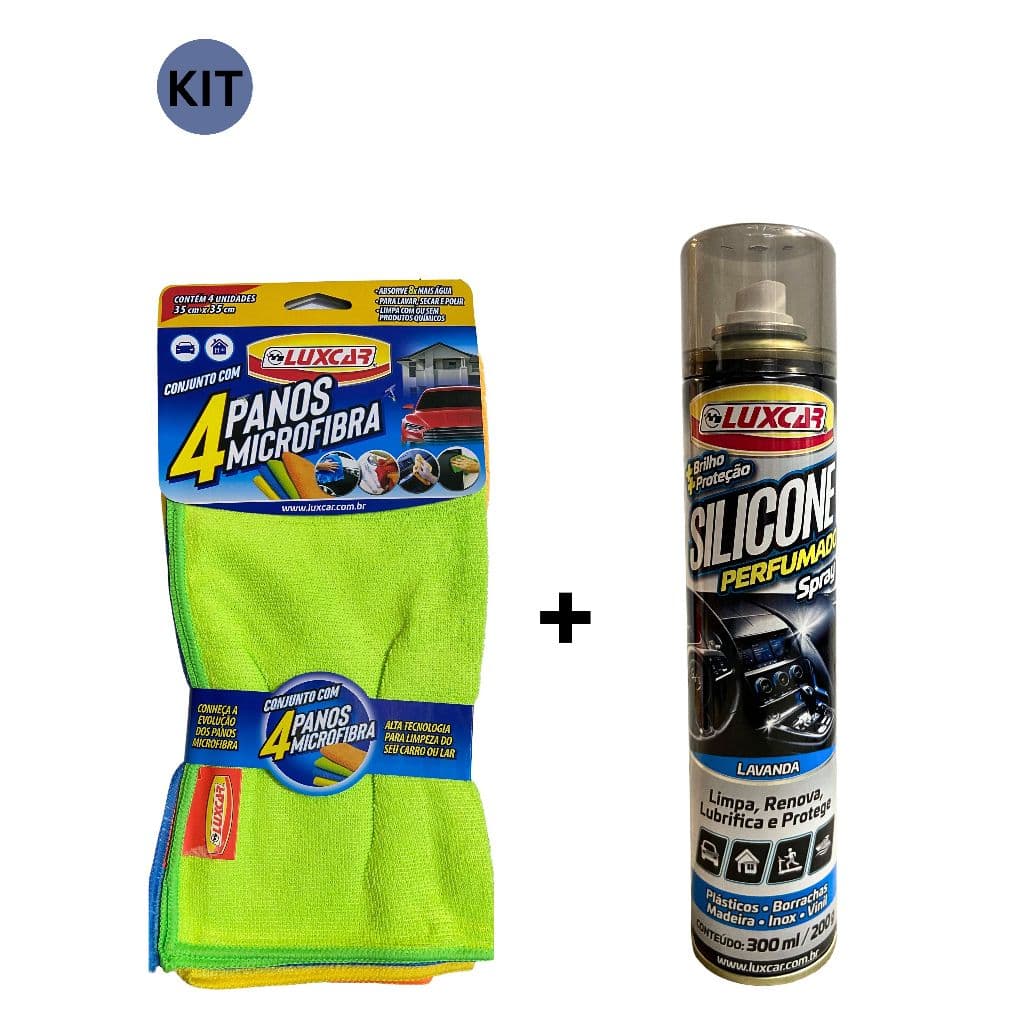 Kit Silicone Spray  Abrilhantador Luxcar + 4 Panos em Microfibra Luxcar