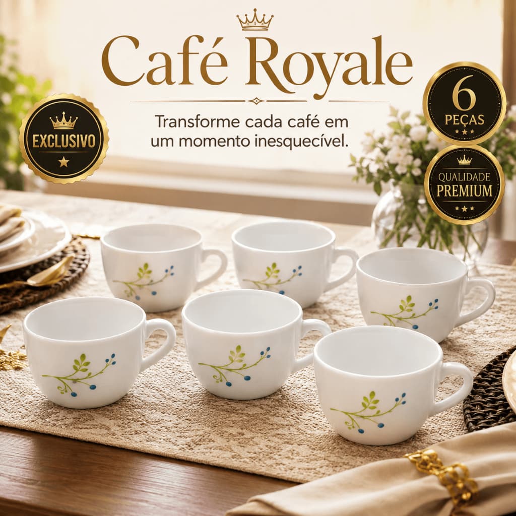 Jogo 6 Xícaras para Café 130ml de Cerâmica Brancas Estampa Floral Mesa Posta Café Royale