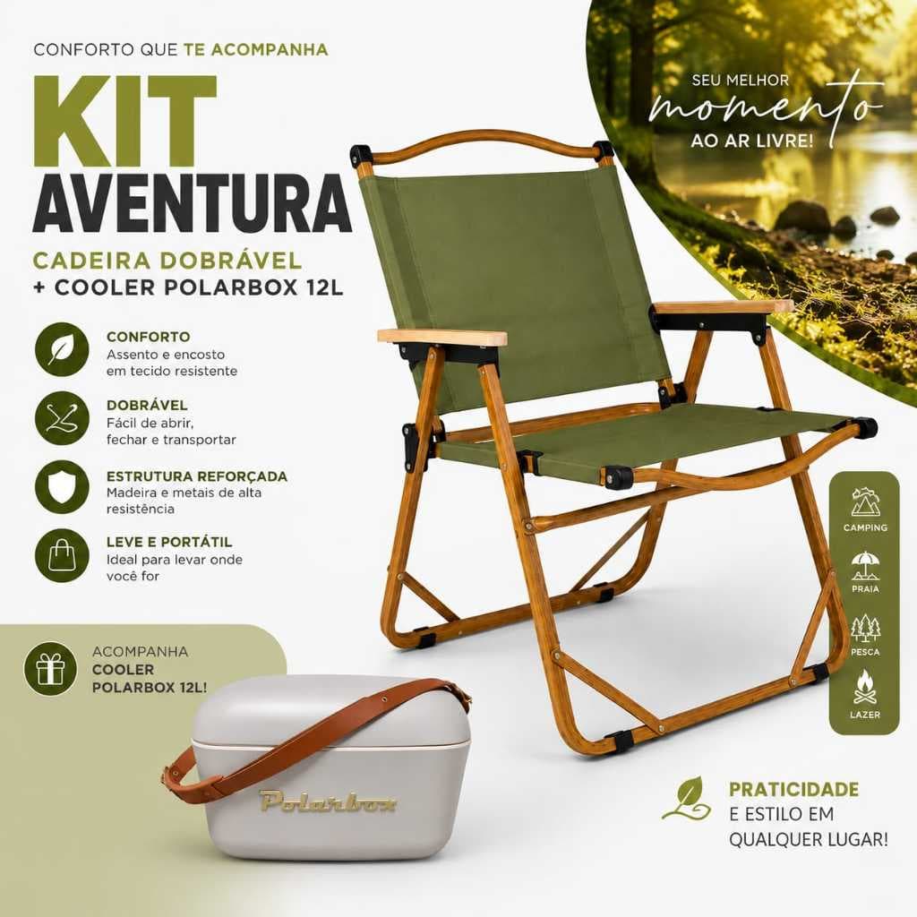 Kit Conjunto Cadeira Dobrável Oxford Verde + Caixa Térmica, Cooler PolarBox 12 Litros, Portátil com Design Retrô-Vintage