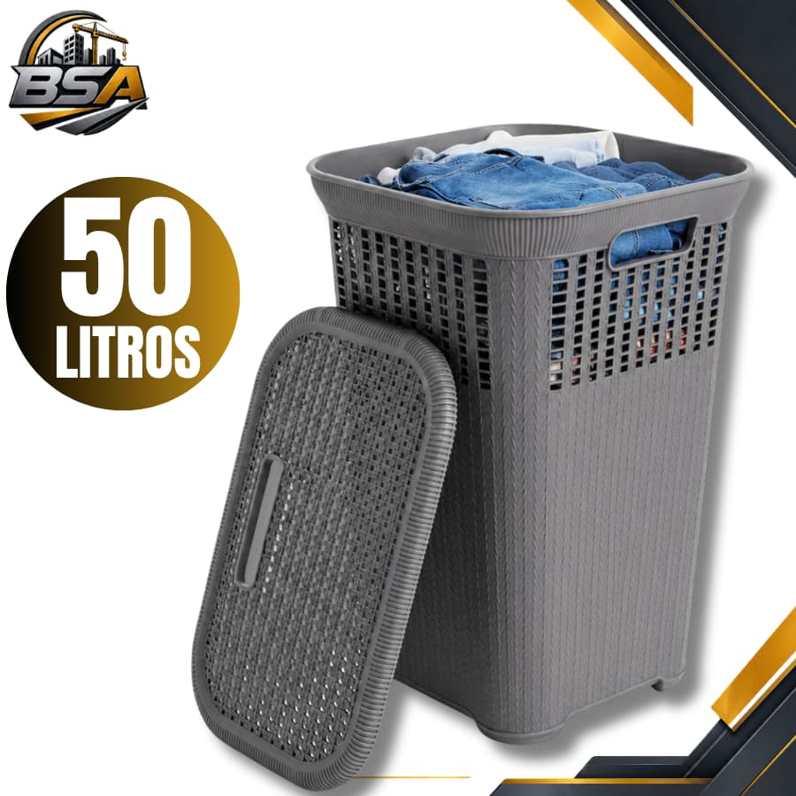 Cesto Telado Rattan Cinza 50 Litros Com Tampa Premium