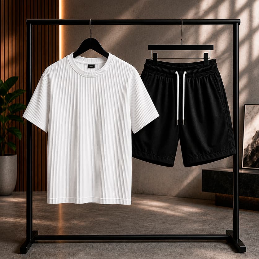 Conjunto Camiseta Canelado + Bermuda Tactel Premium Lisa com Elastano – Conforto e Caimento Perfeito