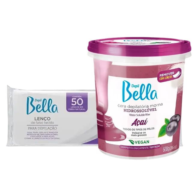 Kit Depil Bella Cera Depilatória Hidrossolúvel Açaí 600g com Folhas Depilatórias 50 UN