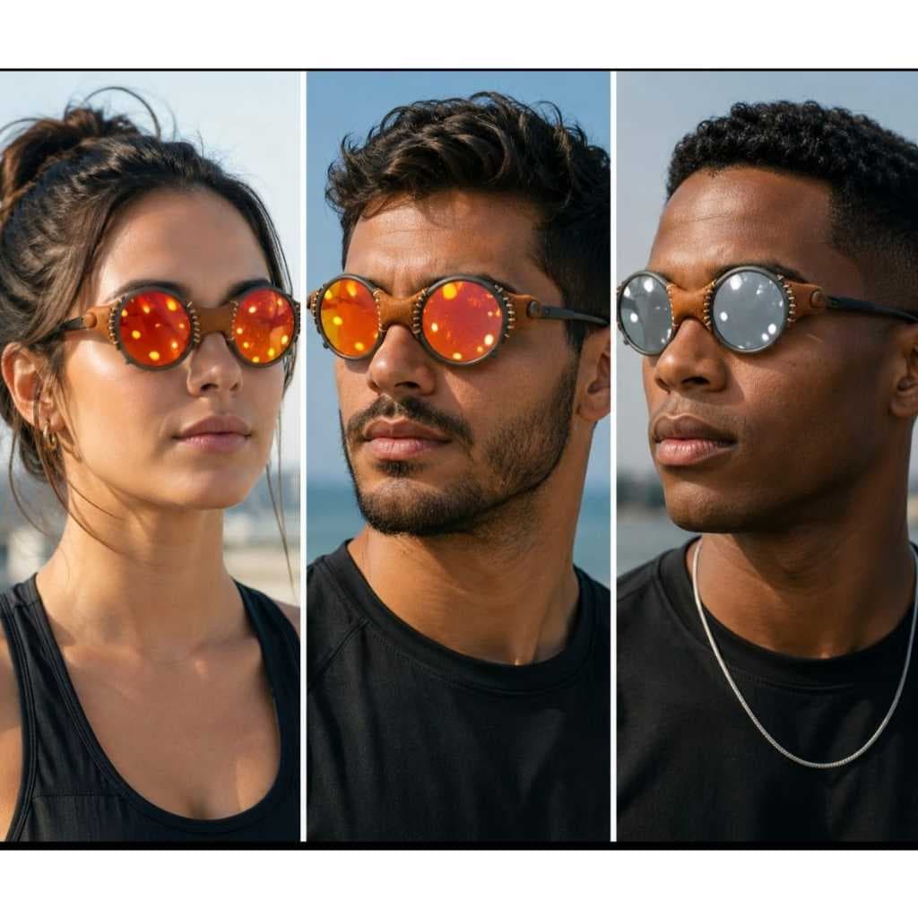 OCULOS DE SOL REDONDO METAL  REVESTIDO EM COURO