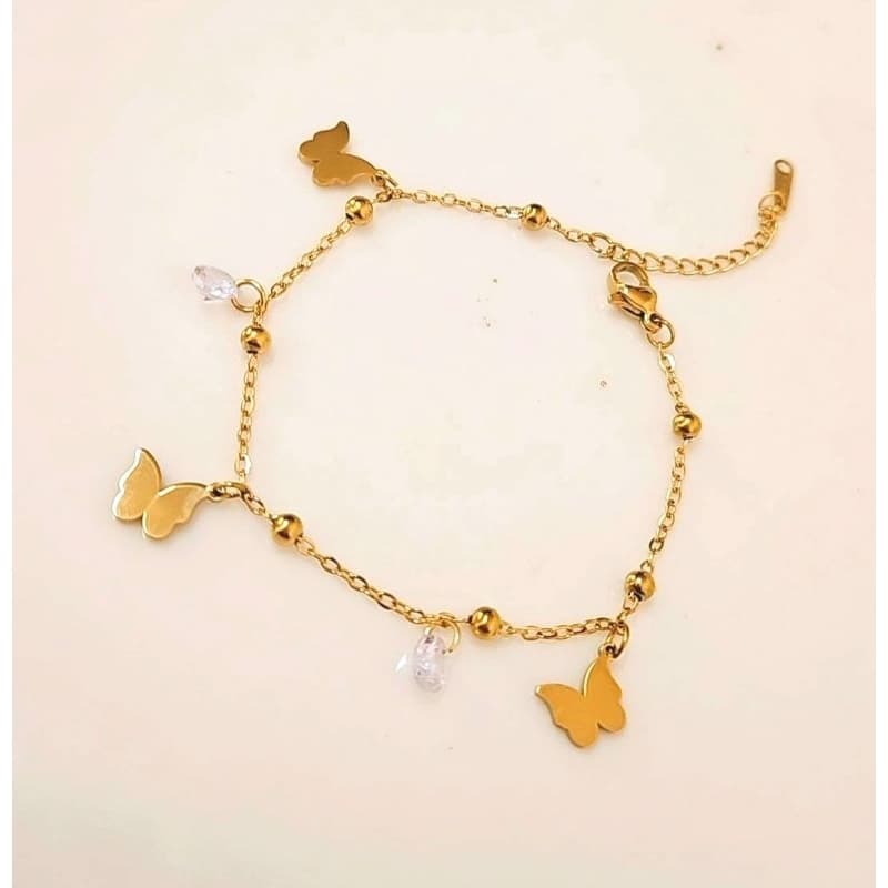 Pulseira Pingente Borboletas e Ponto de Luz em Aço Inoxidável.