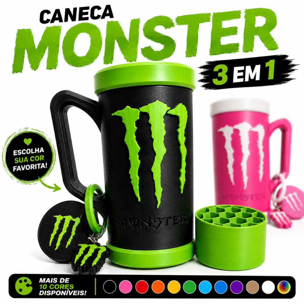 Caneca Porta Lata Monster 3 Em 1 | 473ml E 350ml | Tampa + Abridor