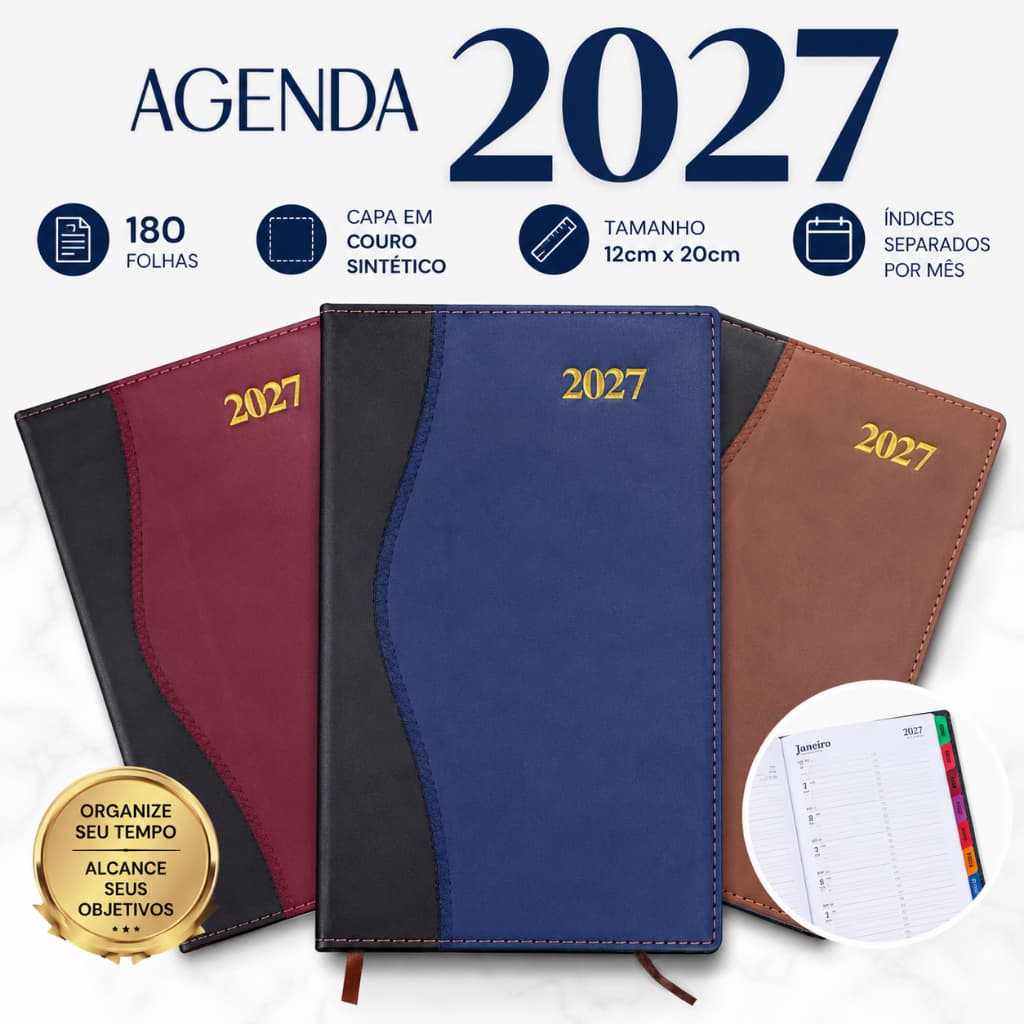 Agenda 2027 Executiva Couro Sintético 180 Folhas Índice Mensal 14x20 Planejamento Diário Premium