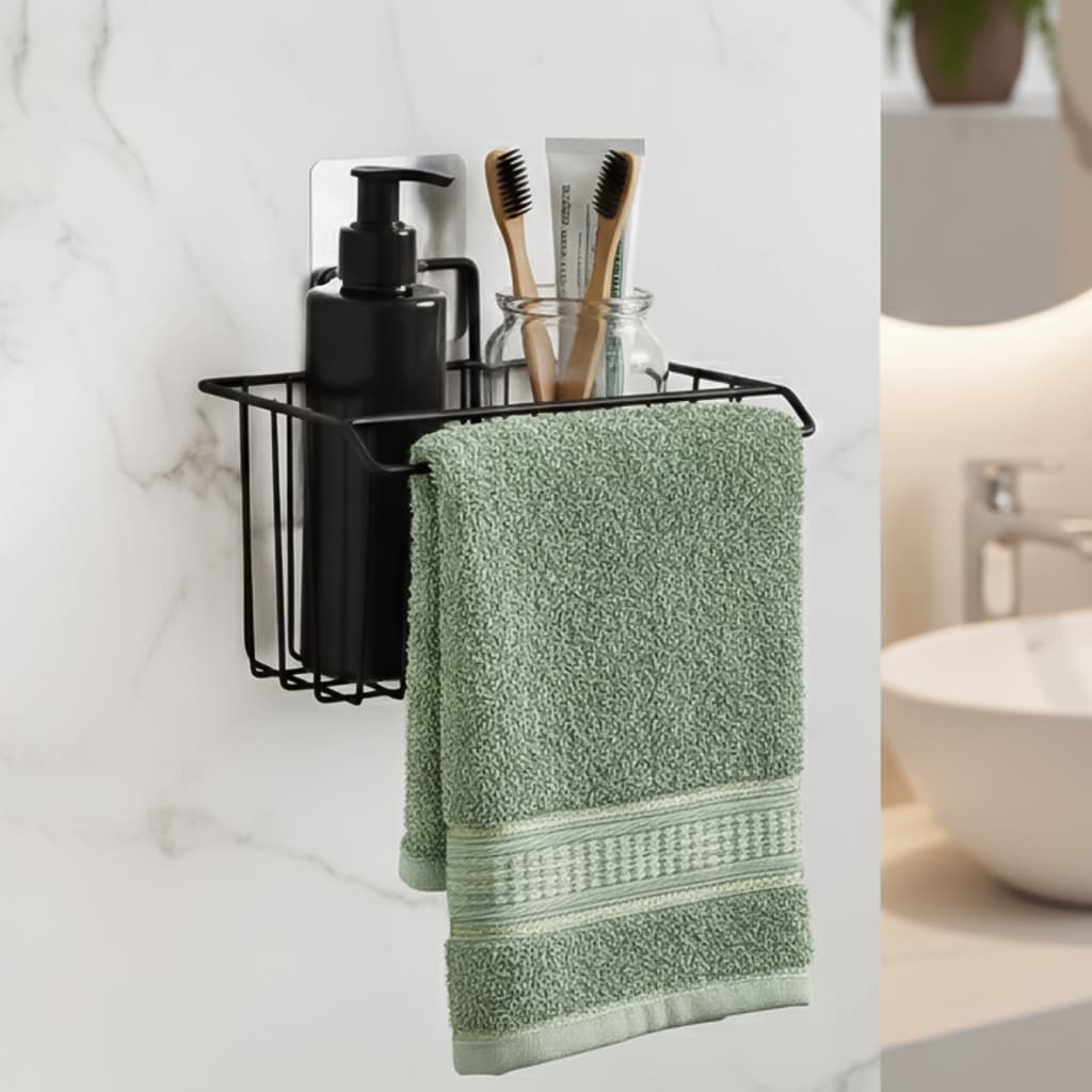 Suporte Cesto Multiuso com Porta Toalha da MM House Fixador Adesivo
