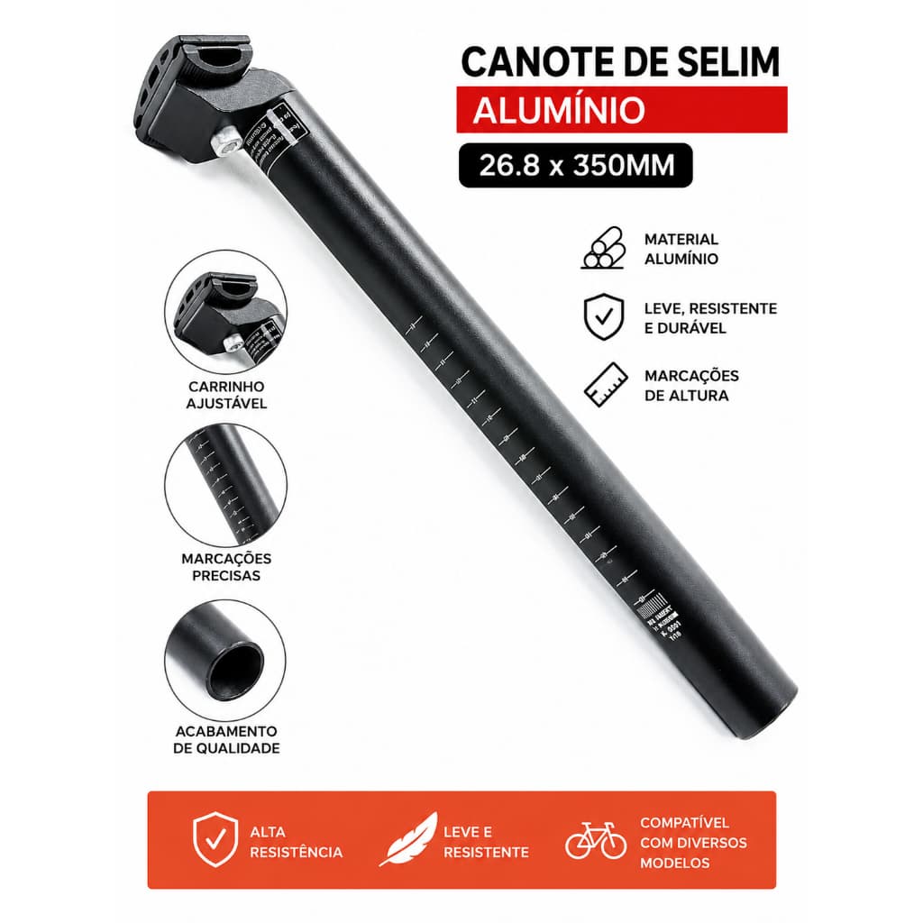 Canote de Selim Bike Alumínio 26,8mm x 350mm com Carrinho