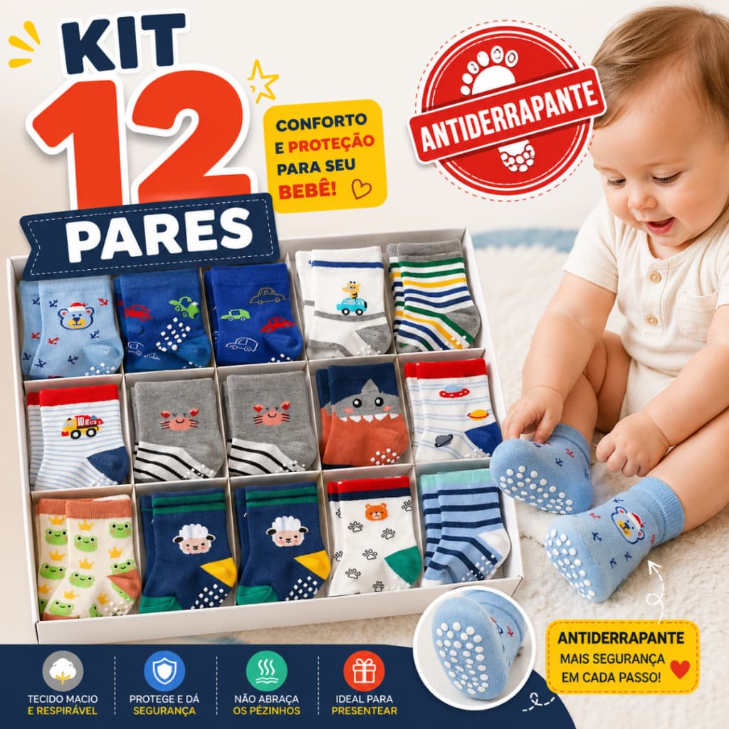 Kit com 12 Pares Meias infantis Bebê Primeiros Passos com Antiderrapante Menina e Menino