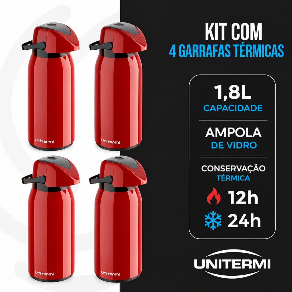 Kit 4 Garrafas Térmicas Para Café Chá 1,8L Unitermi Verona Sistema de Pressão Bico Anti Gotas Resistente