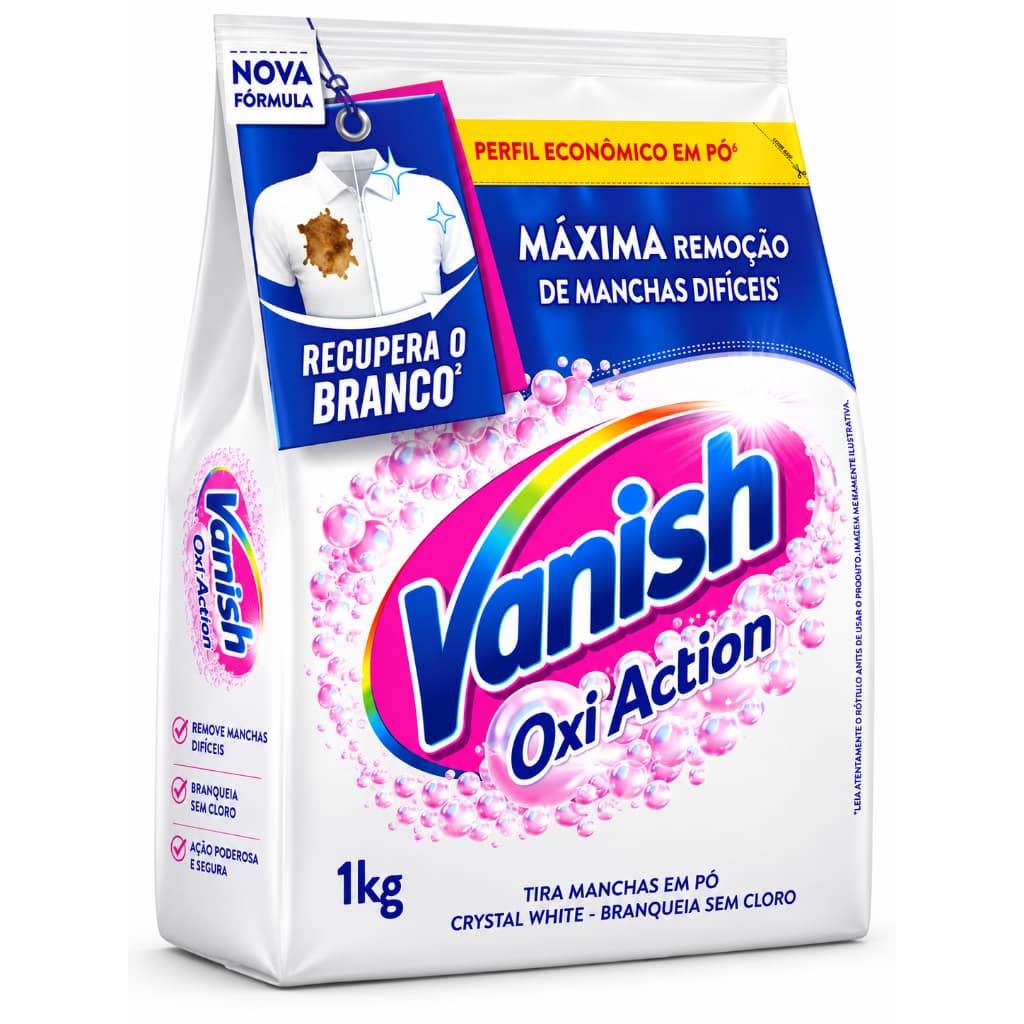 Vanish Crystal White 1kg Tira Manchas em Pó Oxi Action Roupas Brancas Refil Econômico