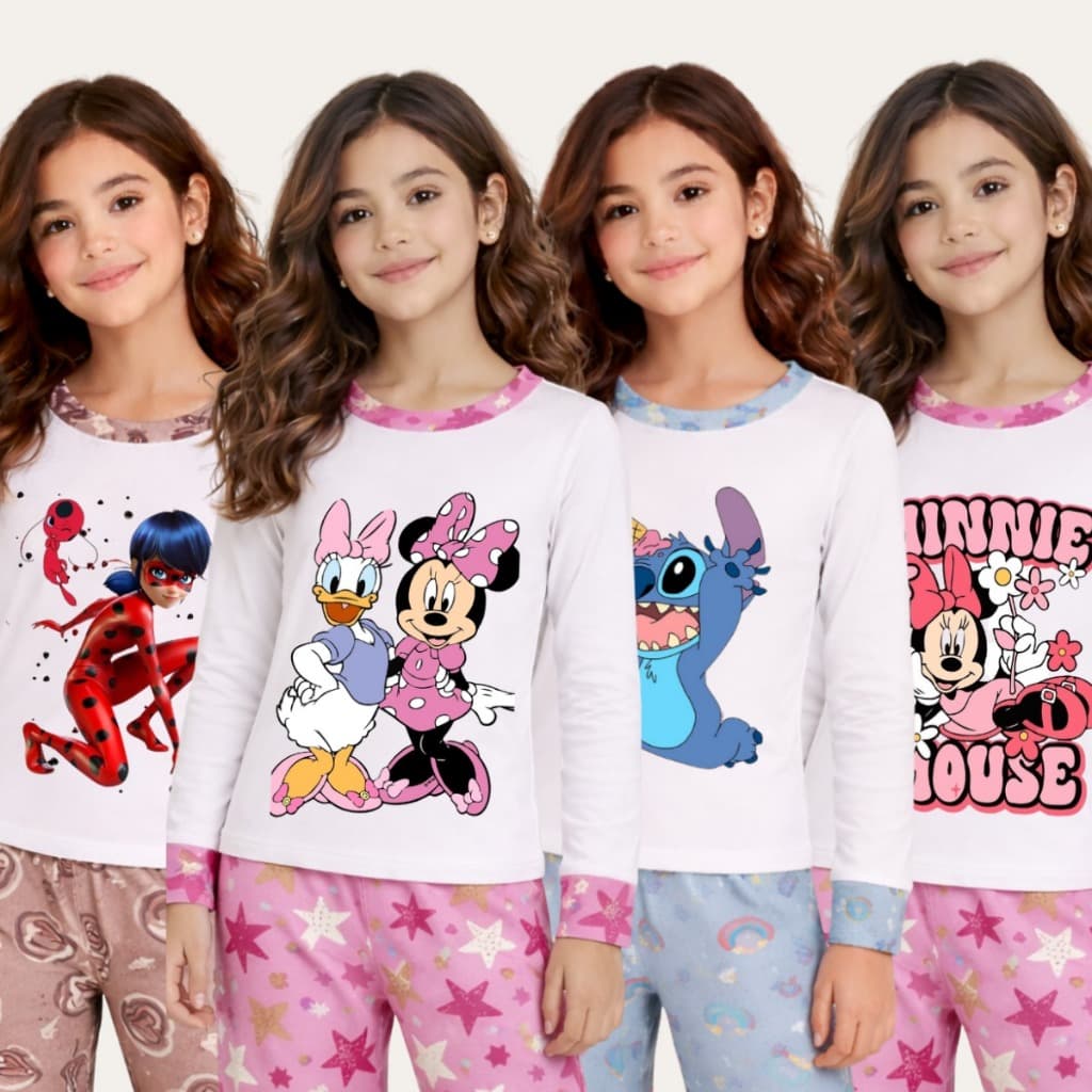 Kit 4 Pijamas Sortidos Feminino Inverno Manga Longa Estampas Variadas Criança