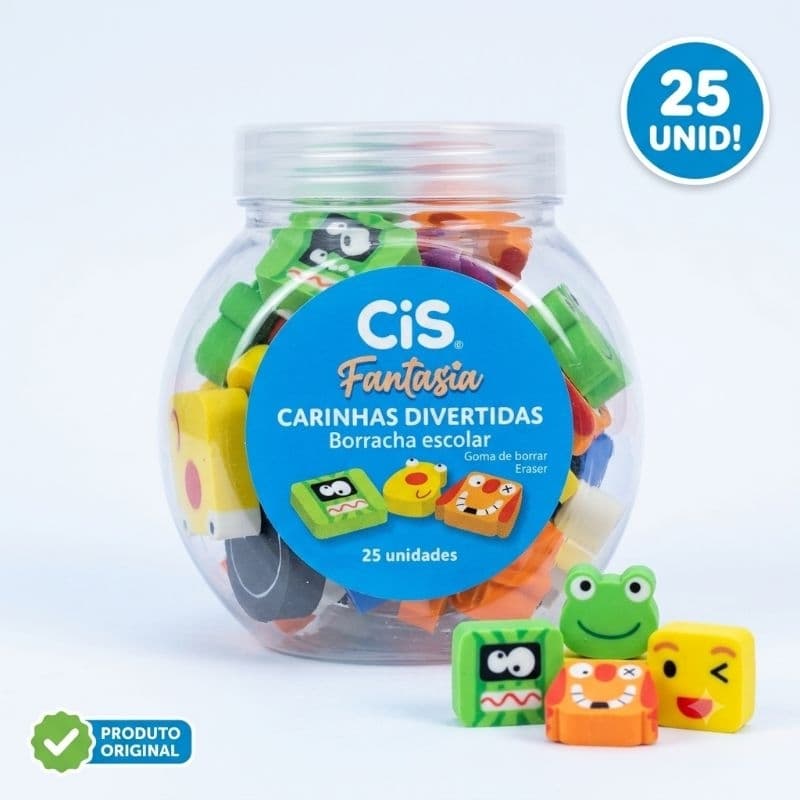 Borracha Escolar Carinhas Divertidas CIS 25 Unidades Não Tóxica Original Apaga Bem Lembrancinha