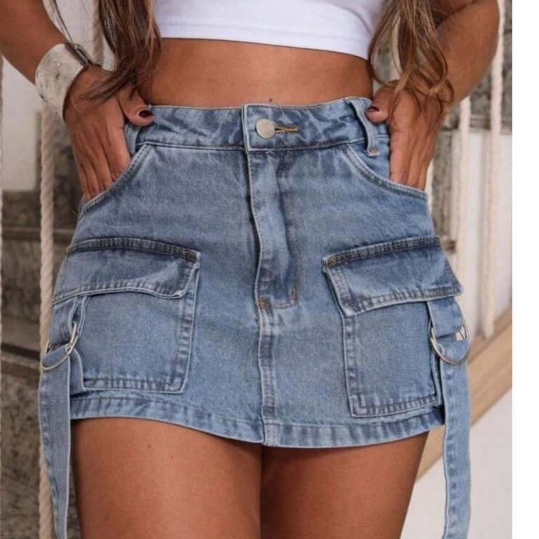 Short Saia Cargo Jeans Feminino Cintura Alta Cores Variadas Design Versátil Casual Moderno