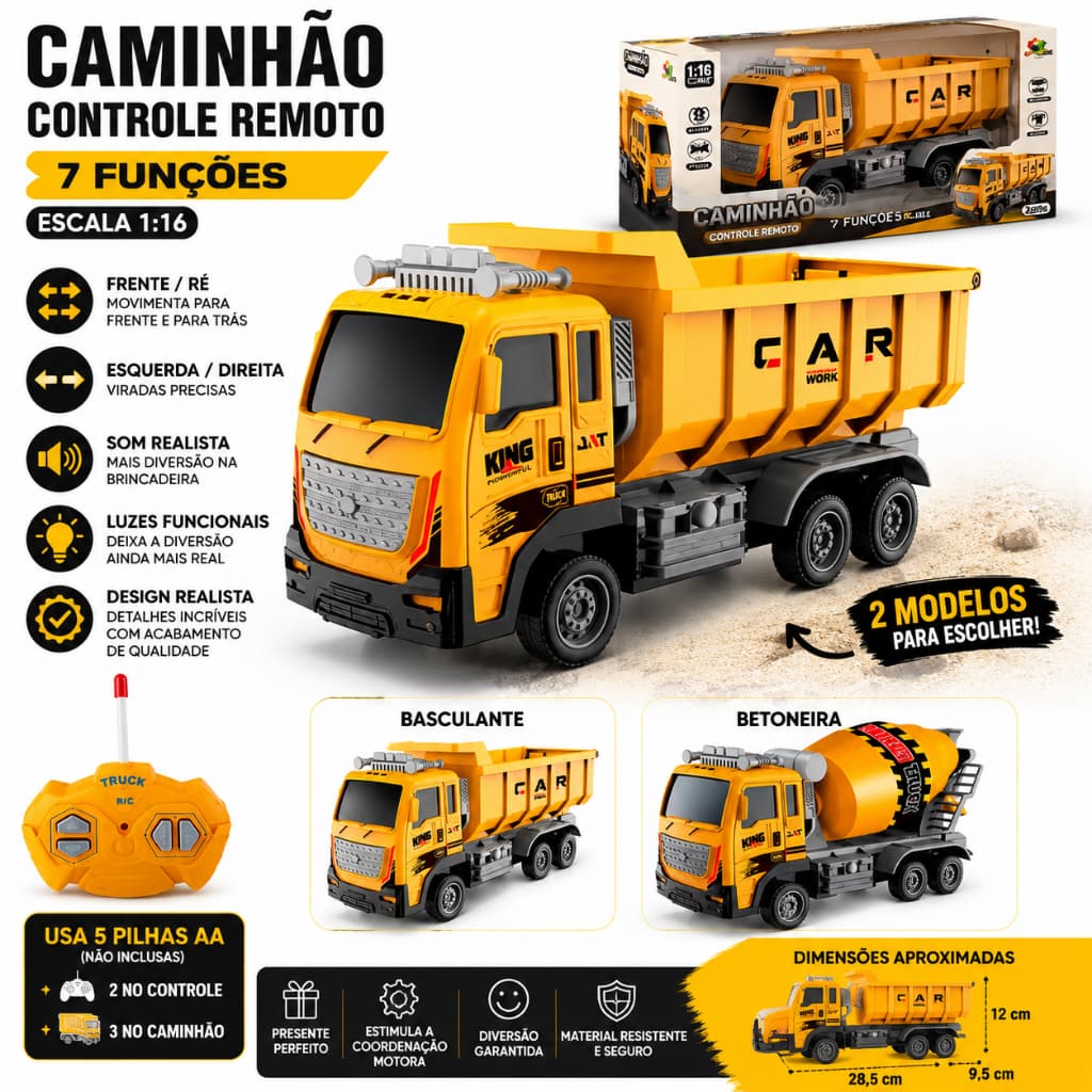 Caminhão Construção Com Luz Controle Remoto 1:16 Basculante Betoneira 7 Funções brinquedo infantil.
