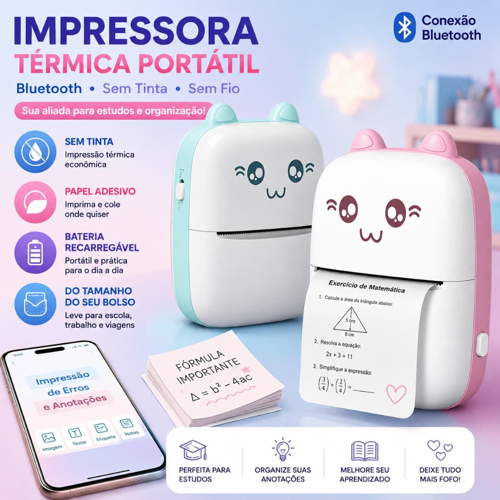 Mini Impressora Térmica Portátil De Bolso Impressão Sem Fio Fotos Notas Bluetooth Para Android Ios
