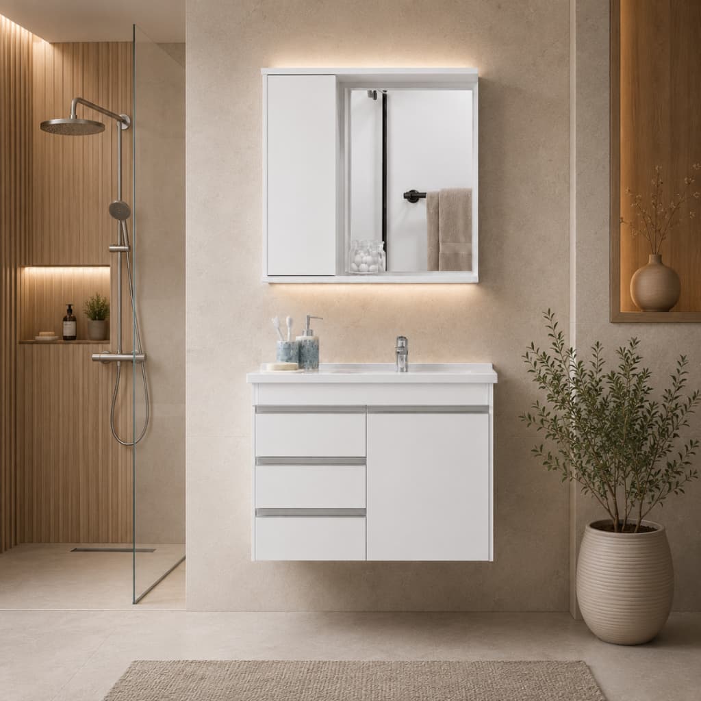 Conjunto Gabinete Malibu Completo Com Cuba E Espelheira Para Banheiro Cor Branco