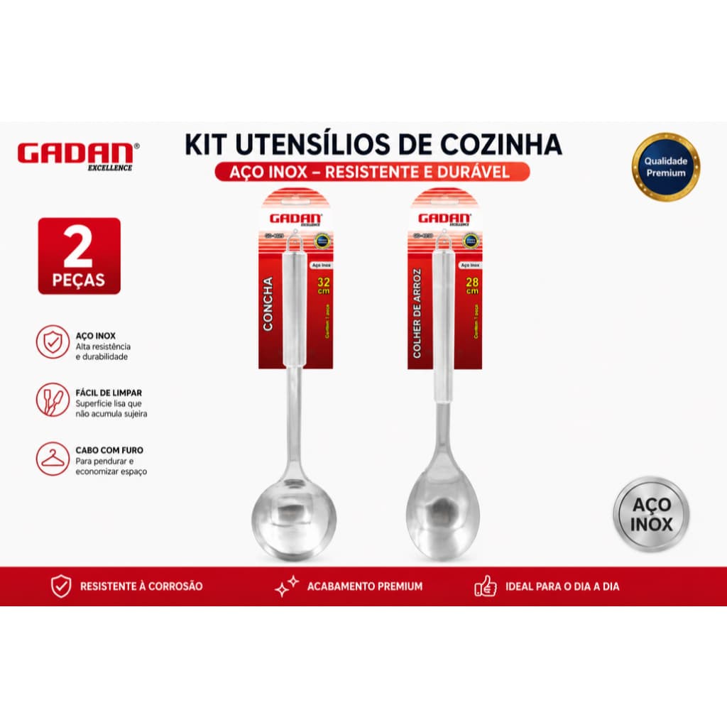 Kit Concha e Colher de Arroz Inox Gadan 2 Peças Resistente Cabo Longo Cozinha Premium
