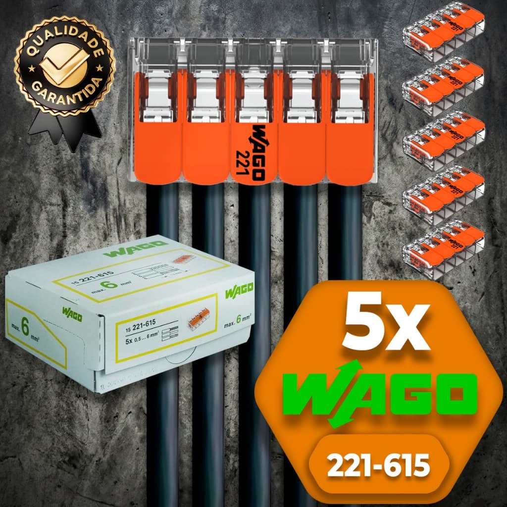 Conector de Fio Elétrico Wago 221-615 Conector Wago Emenda 6mm 41A Conexão Automática Kit 5 Peças